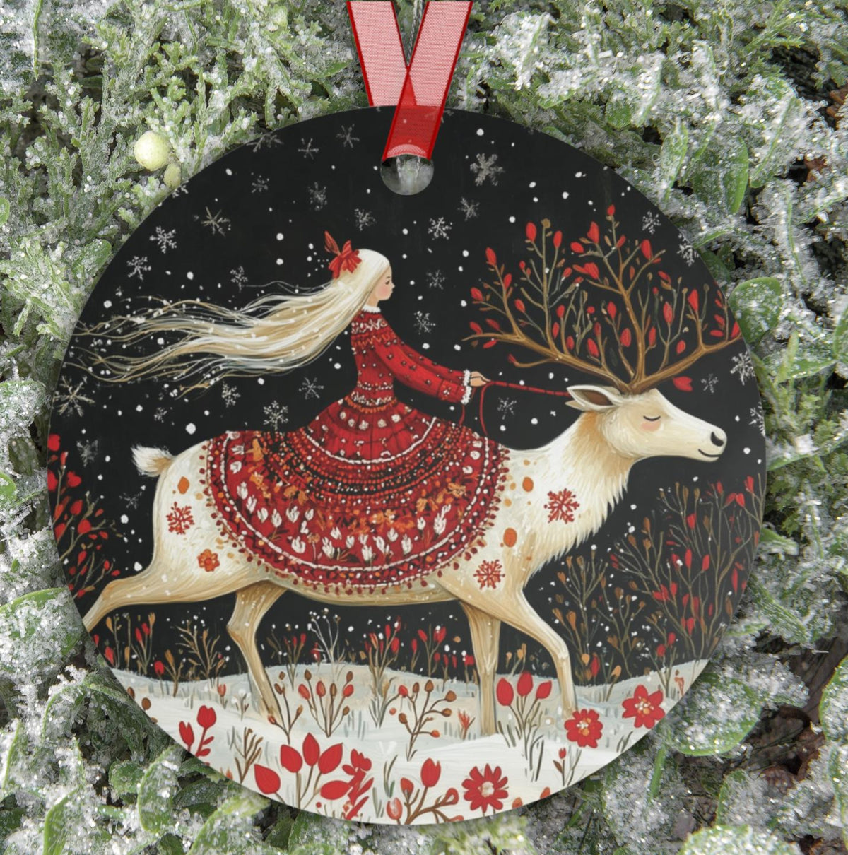 Whimsical Winter Deer & Maiden Metal Ornament, Folklore-Inspired Scandinavian Christmas Decoration, Nordic Red and White Yule Keepsake Gift 1a4d6298-2dbf-4980-8c7a-2f9ffc9038f8-1.jpg