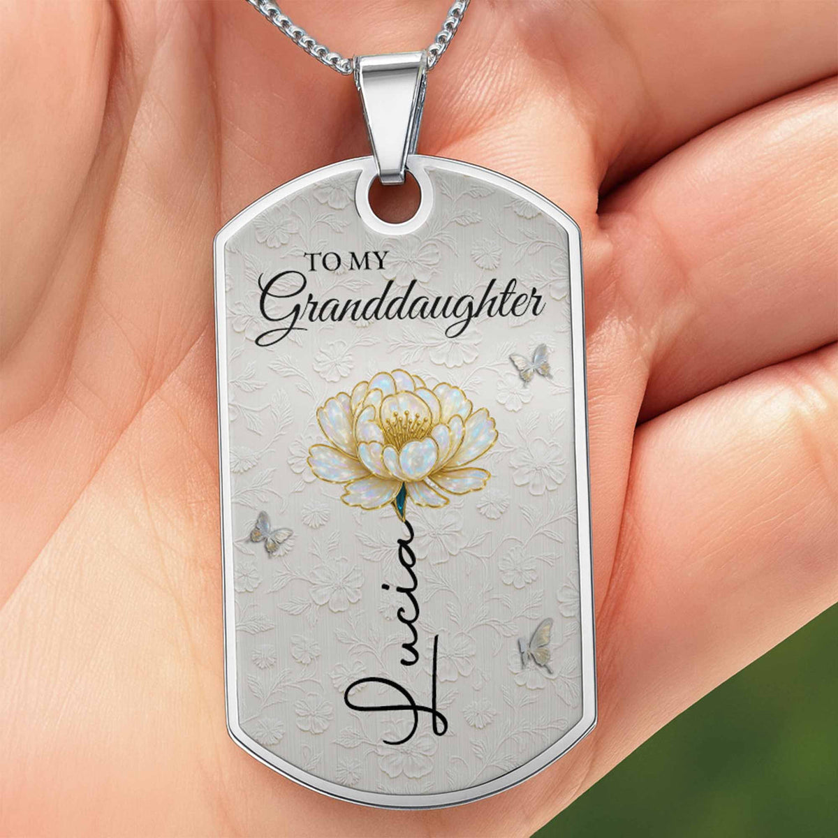 To My Granddaughter Love You Forever Flower Necklace,Personalized Custom Dog Tag Necklace,Gift For Granddaughters 1c0d6d33-1c25-4873-86e3-d2935d313725-GDT389_DTNECK4.jpg