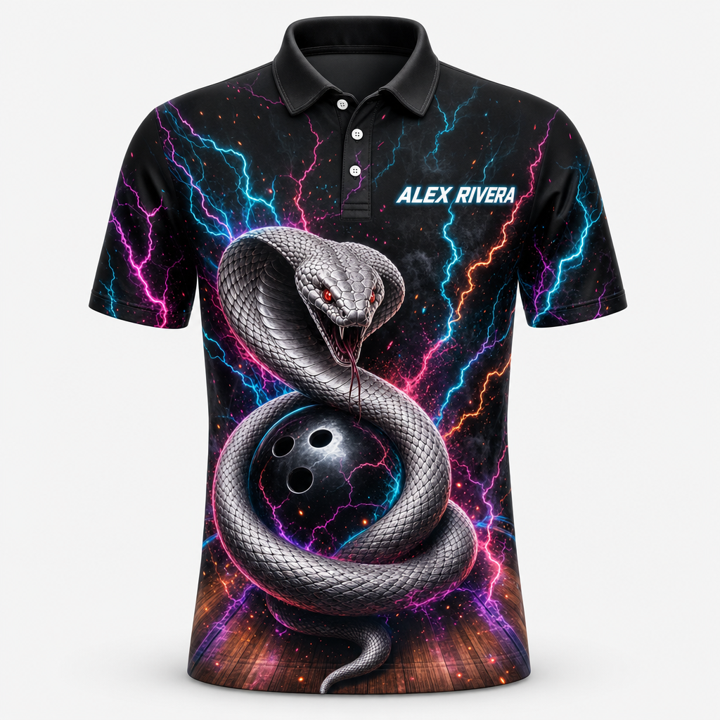 Personalized Strike Like a Snake Bowling Polo Shirt – Custom Name, All-Over Print