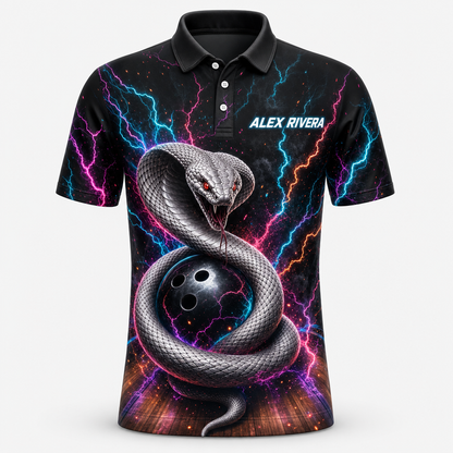 Personalized Strike Like a Snake Bowling Polo Shirt – Custom Name, All-Over Print