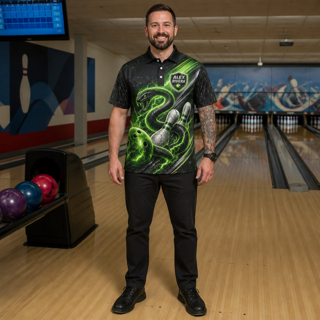 Personalized Electric Snake Bowling Polo Shirt – Custom Name, All-Over Print