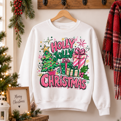 Holly Jolly Christmas Sweatshirt – Quirky Pink & Green Christmas Tree Sweater, Colorful Retro Holiday Gift for Her 1e36ae8a-a628-491f-8183-163a17ef7ebb-4.png