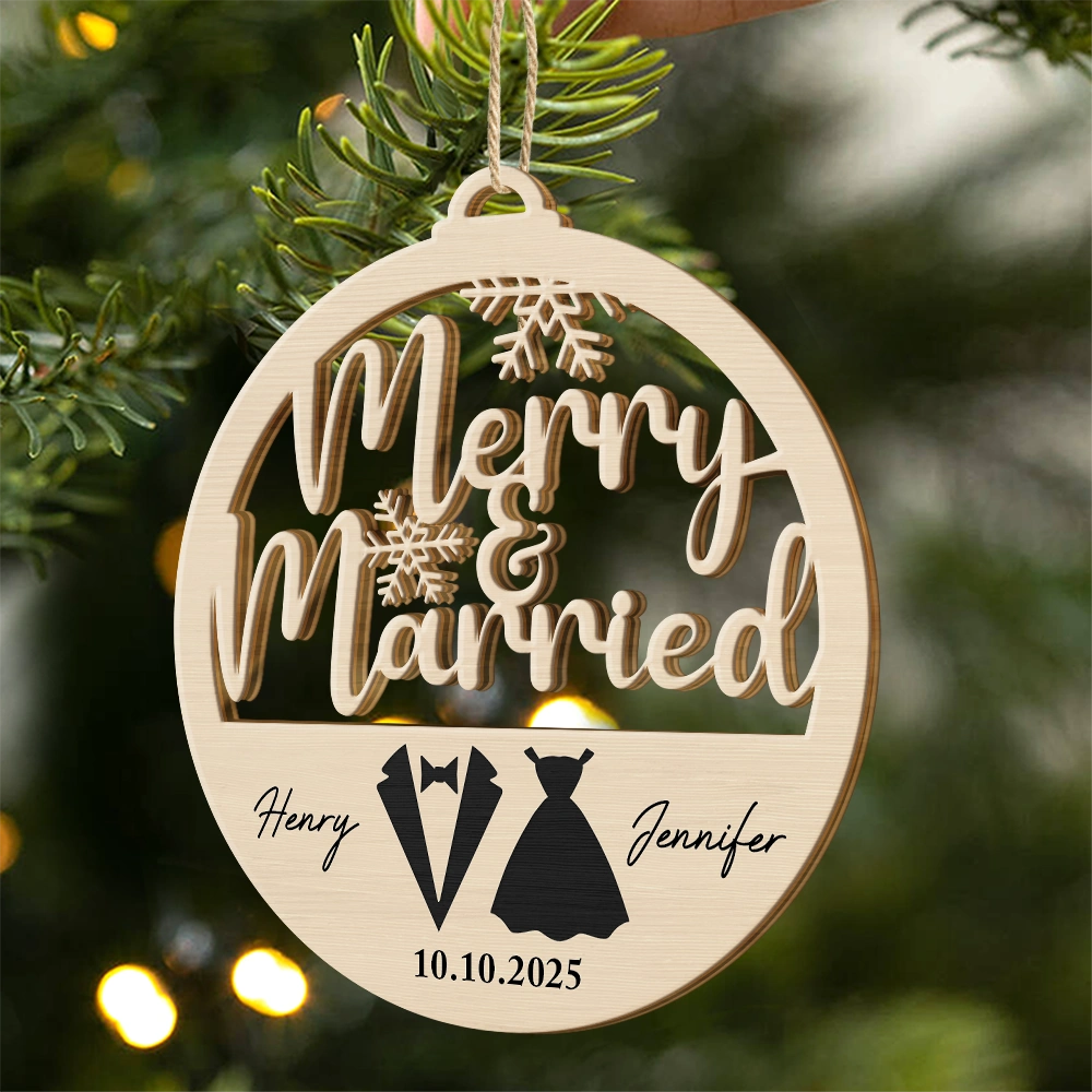 First Christmas Couple Merry & Married - Personalized Custom Shaped Wooden Ornament 1e7a8842-ad67-4e28-9462-c0183a37021a-AT1754-CIN3607-MK-1.png