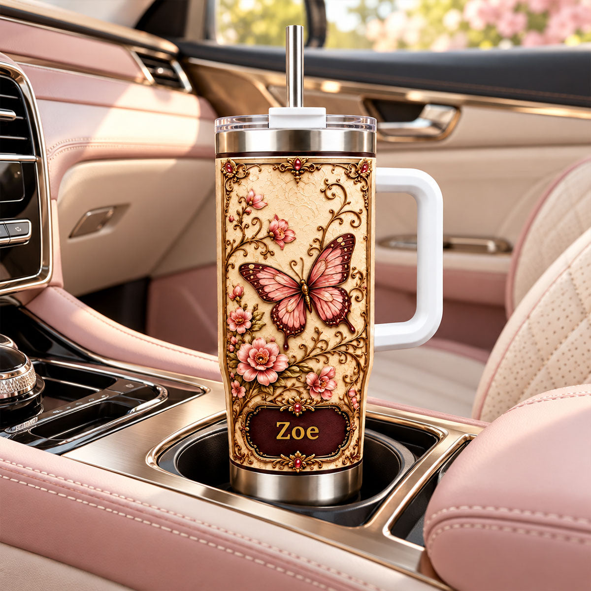 Pink Butterfly Tumbler with Handle - Personalized Floral 40oz Tumbler 1ff75cb8-5590-4761-b9c5-91e9d08650e6-2.jpg