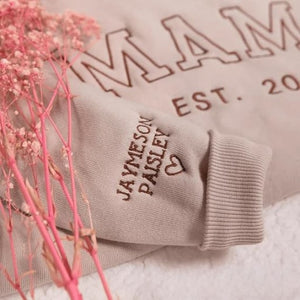 Personalized Embroidered Mama Sweatshirt With Kid Names On Sleeve, Mom Sweatshirt For Women, Gifts For Mom Grandma Mothers Day Christmas, New Mom Gifts