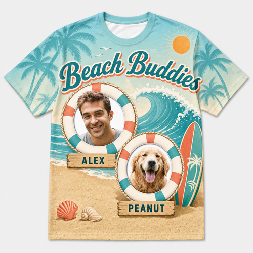 Beach Buddies — Custom Person + Pet Photo AOP T‑Shirt - Hero