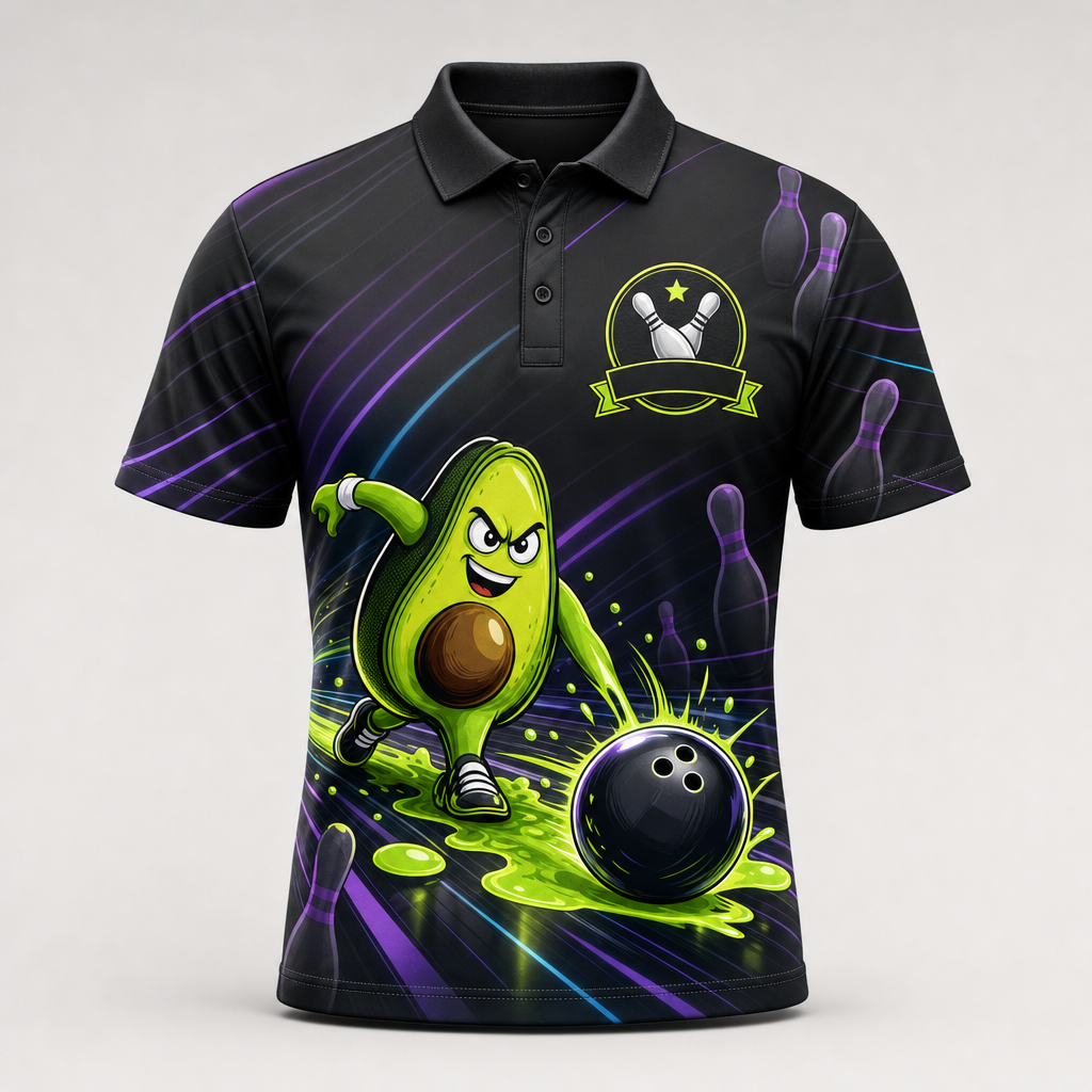 Personalized Neon Avocado Bowling Polo Shirt – Custom Name, All-Over Print