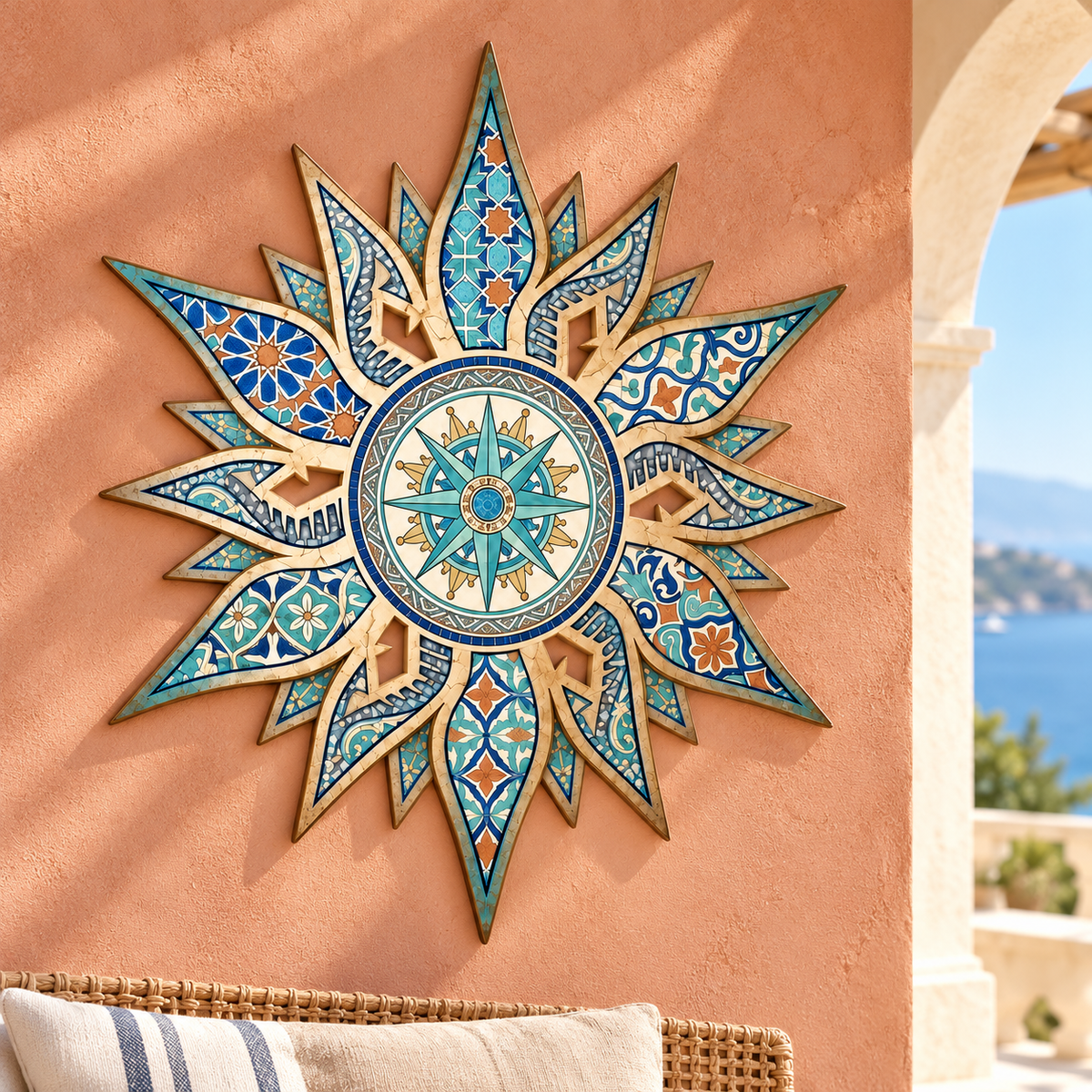 Mediterranean Mosaic Garden Sculpture, Celestial Sun Metal Wall Art, Turquoise Patina Sunburst Plaque, Outdoor Patio Southwest Decor, Unique Gift, Garden Gift 22483e95-d906-4392-821f-ad09cf7b2f74-Bi-n-la-b-n-sunburst-b-n-bi-n-2.png