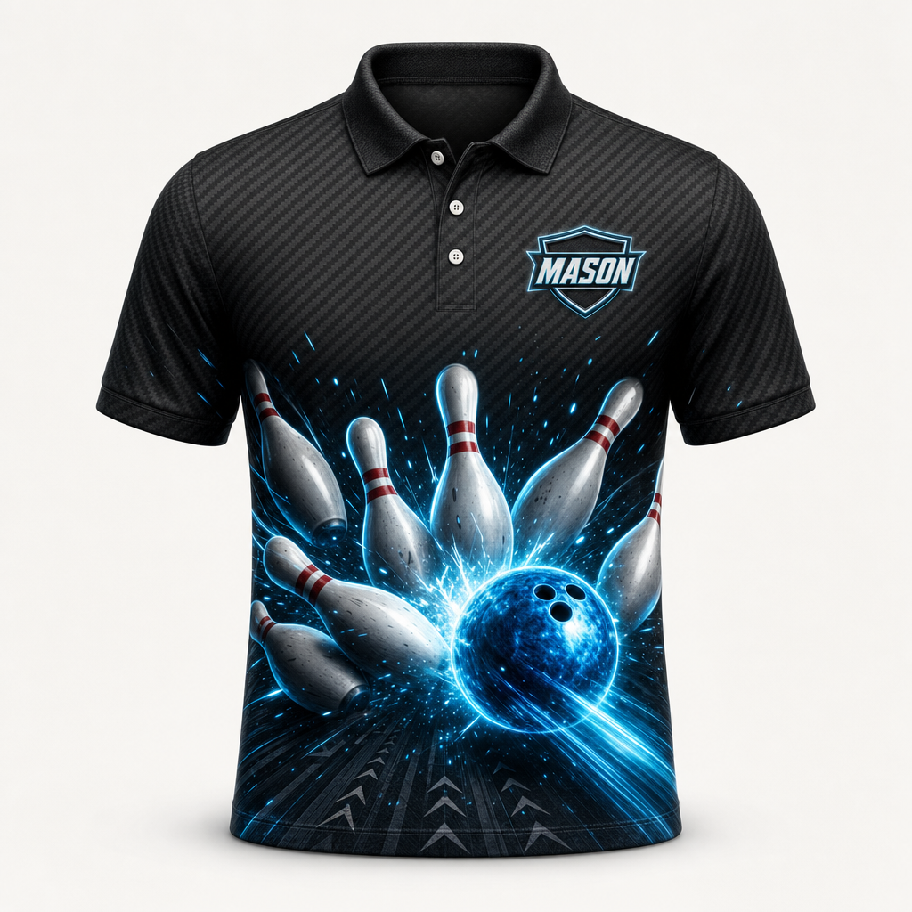 Personalized Neon Strike Bowling Polo Shirt – Custom Name, All-Over Print