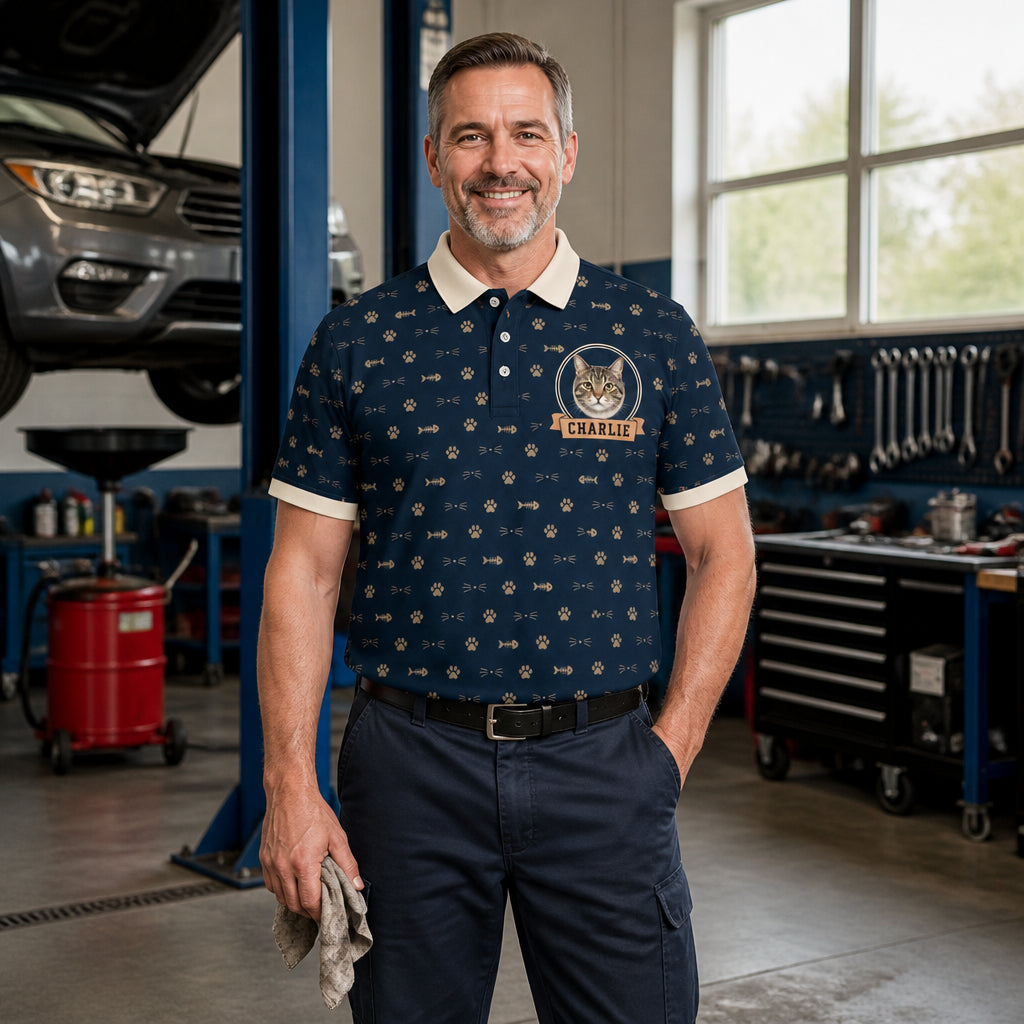 Custom Cat Photo Crest Polo — AOP - Lifestyle 2