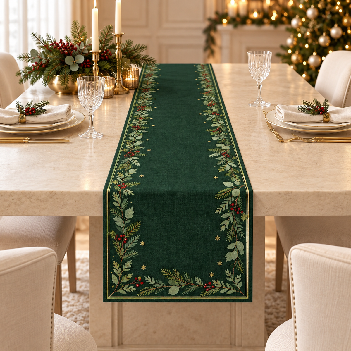 Dark Green Botanical Christmas Table Runner, Faux Linen Evergreen Table Decor, Rustic Holiday Dining Room Accent 240fbe10-9c84-46c2-8e5d-c4f42f112c8f-Kh-n-b-n-xanh-gi-a-s-c-Gi-ng-sinh.png