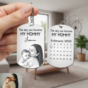 Custom Photo Pencil Sketch Calendar The Day You Became My Mom - Personalized Keychain