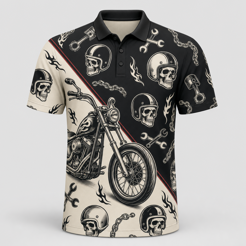 Biker Skull & Chopper AOP Polo – Black/Cream with Red Pinstripes - Polo shirt - All over printed 247d8c74-fef3-4b3e-9ed1-e32a5fda78c9.png