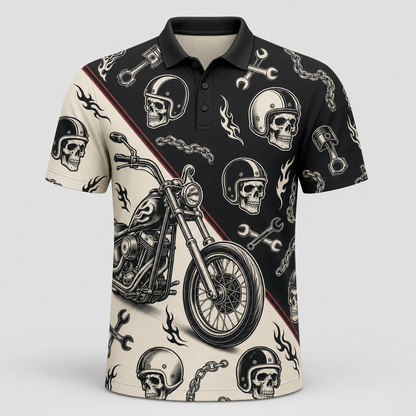 Biker Skull & Chopper AOP Polo – Black/Cream with Red Pinstripes - Polo shirt - All over printed 247d8c74-fef3-4b3e-9ed1-e32a5fda78c9.png