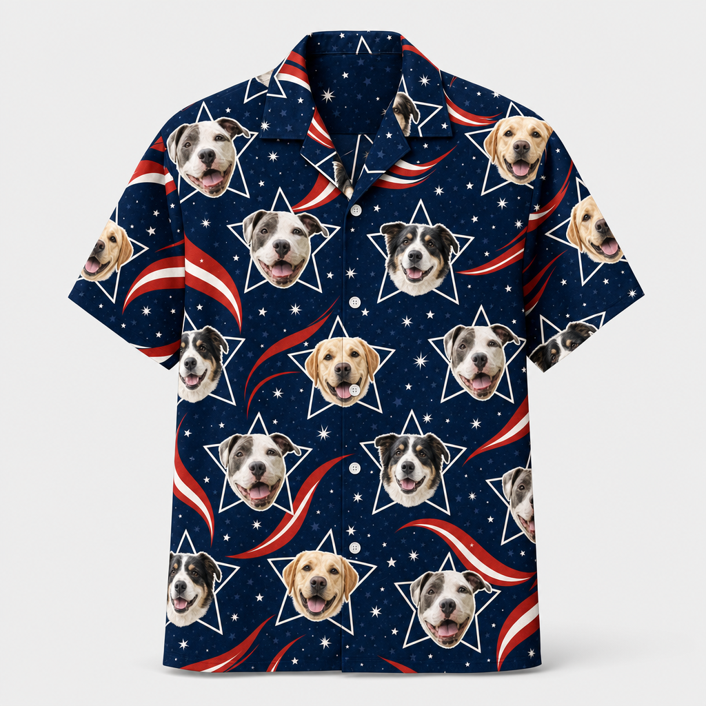 Custom Pet Face Stars & Stripes Hawaiian Shirt - Hero