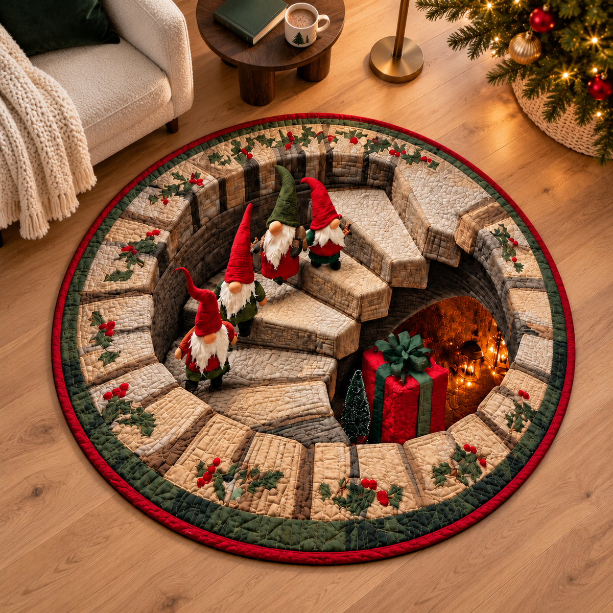 Christmas Gnome Quilted Round Rug, Faux 3D Staircase Vortex Optical Illusion Carpet, Nordic Tomte Holiday Living Room Floor Decor, Gift For Family 298fc3c1-a99d-4b44-bb8c-d5ce312312d9-Th-m-Noel-3D-trong-g-c-c-s-ch-3.png
