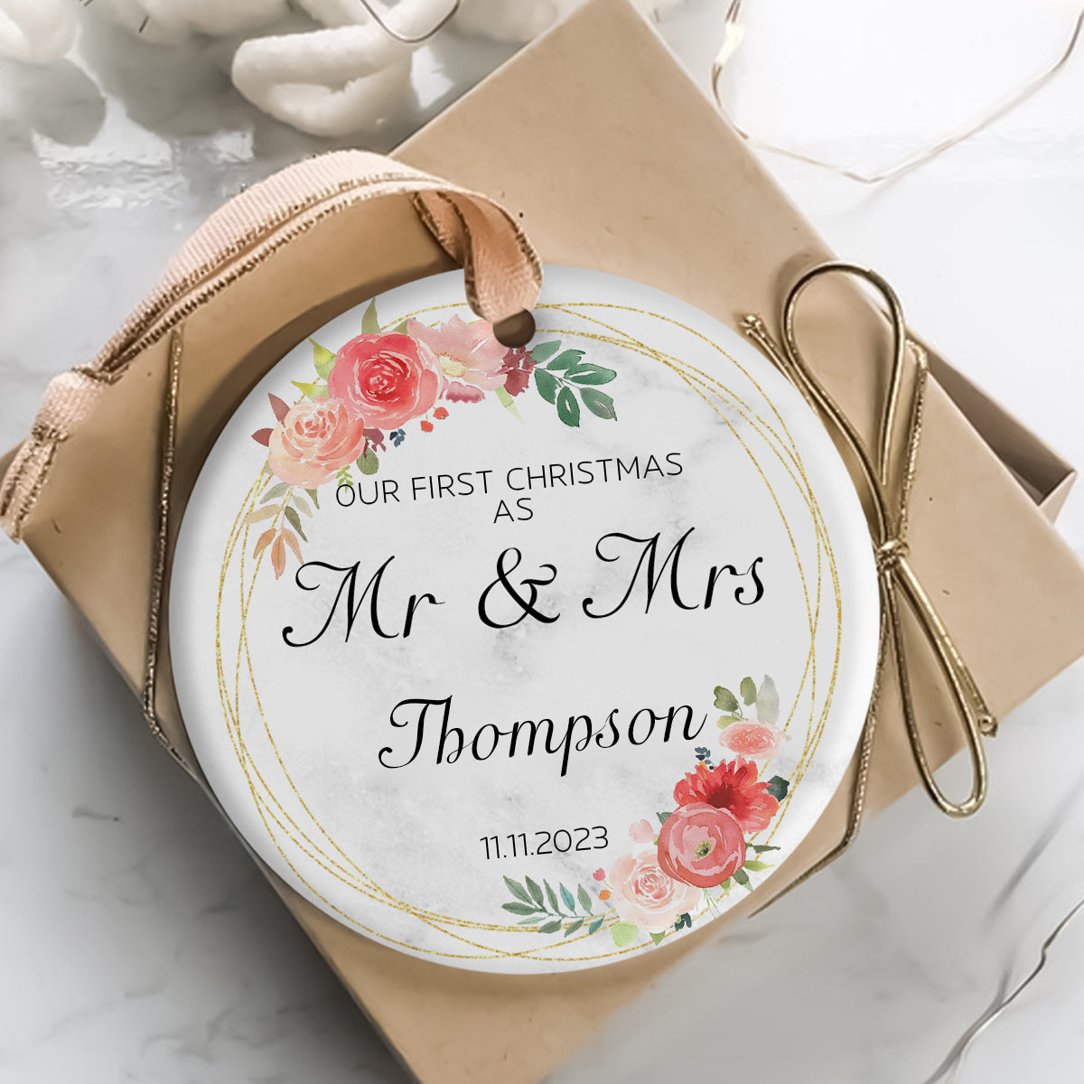 Our 1st Christmas As Mr. & Mrs. Golden Wreath Pink Roses - Personalized Ornament - Christmas Gift 2_059fdf03-368c-44dc-93da-2df4a1e6db08.jpg