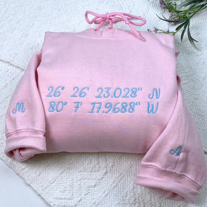 Custom Longitude and Latitude Location Embroidered Sweatshirt Hoodie