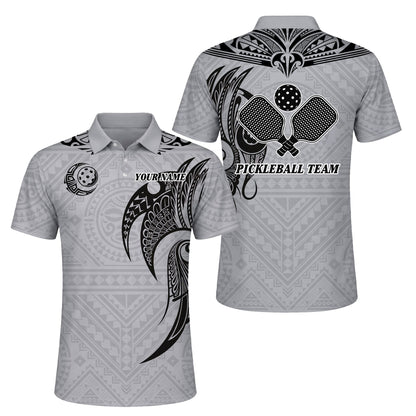 Pickleball Polo Shirt Custom Name Polynesian Tribal Style Performance Shirt Grey