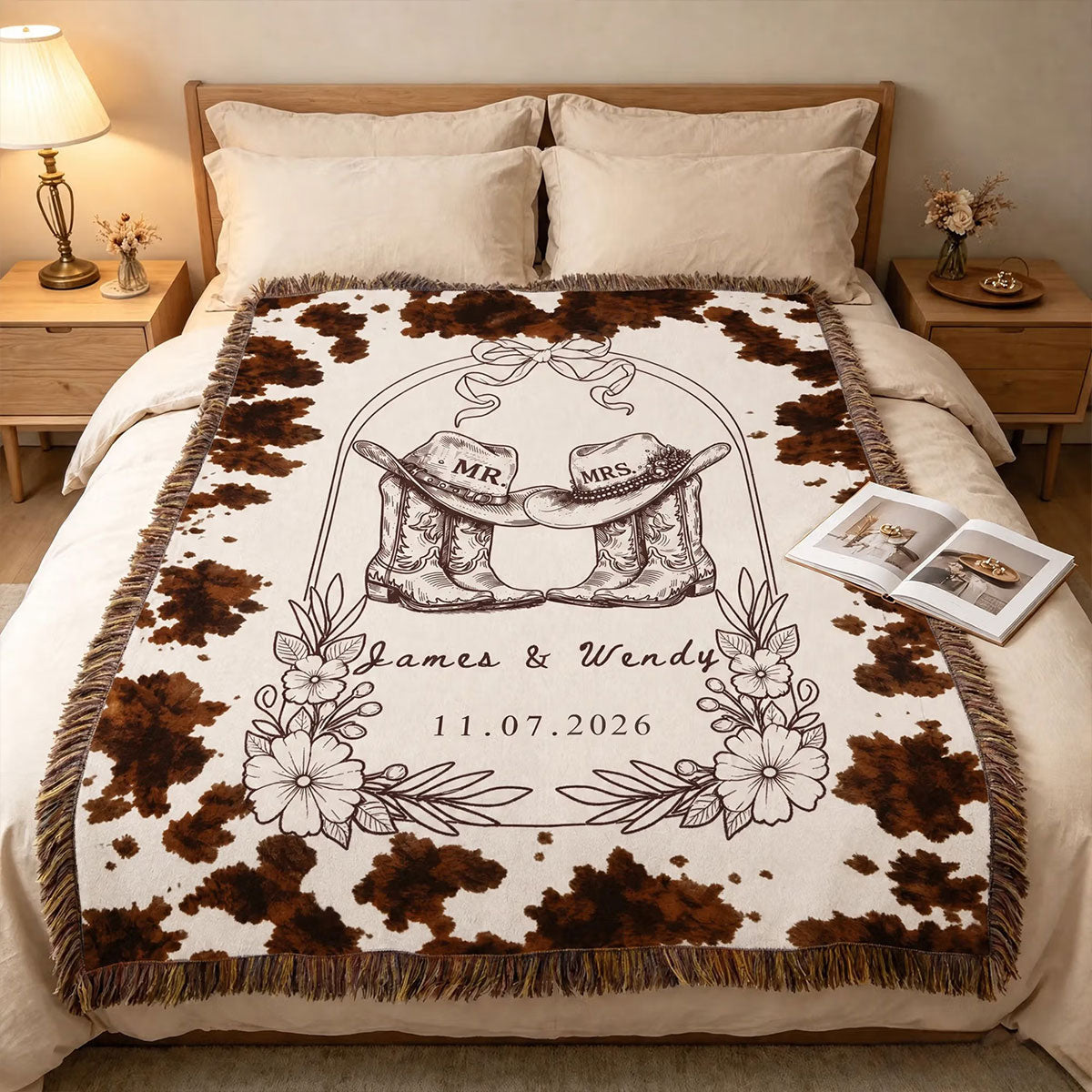 Personalized Wedding Gift Blanket - Rustic Western Mr and Mrs Blanket with Cow Boots Design - Custom Date Anniversary Present for Couples