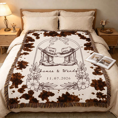 Personalized Wedding Gift Blanket - Rustic Western Mr and Mrs Blanket with Cow Boots Design - Custom Date Anniversary Present for Couples