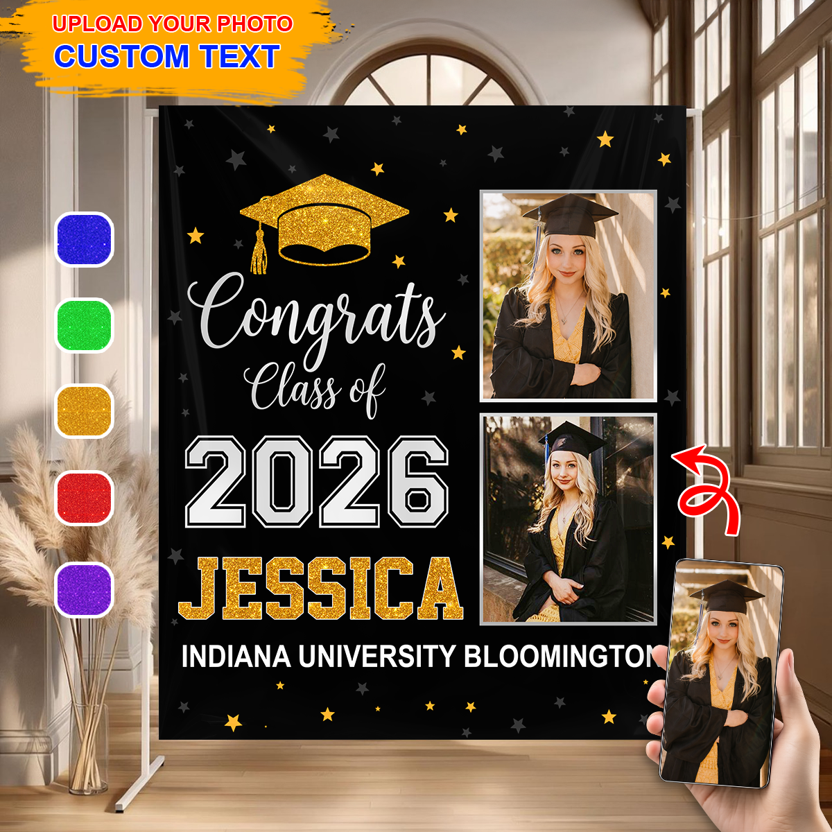 Photo And Glitter Name Personalized Graduation Backdrop