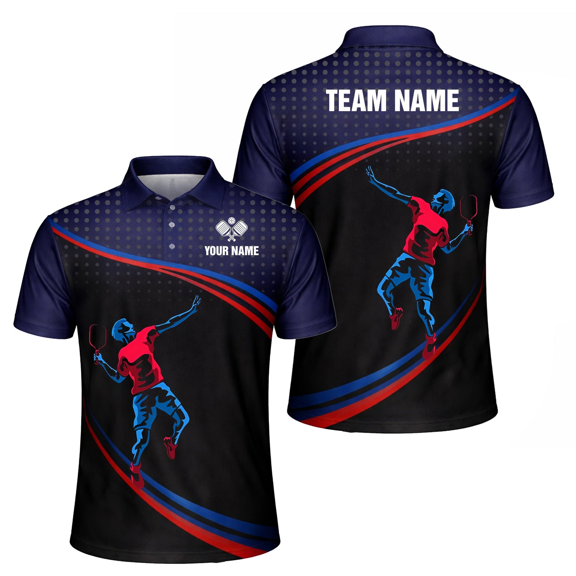 Pickleball Polo Shirt Personalized Name Men Women Sport Performance Polo Blue Red Player Design
