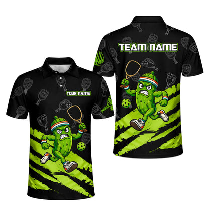 Pickleball Polo Shirt Funny Pickle Player Cartoon Custom Team Name Black Green Sport Design Unisex