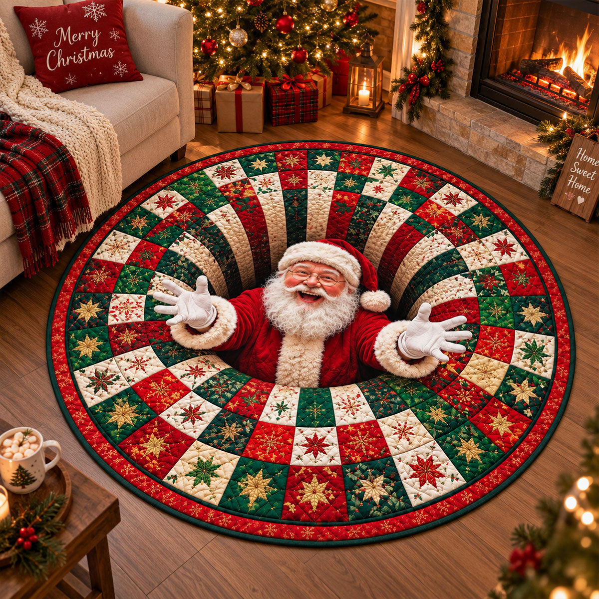 3D Santa Claus Vortex Christmas Rug, Round Optical Illusion Area Rug, Santa Floor Mat, Holiday Living Room Decor, Christmas Gifts