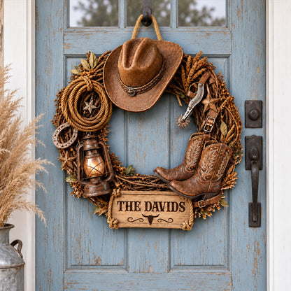Cowboy Wreath Wood Sign - Custom Family Name Rustic Wall Art Plaque - Housewarming Gift for Farmers, Country Home Decor