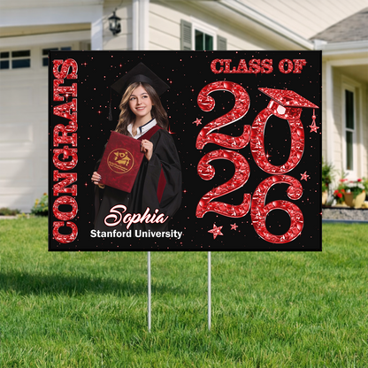 Class Of 2026 Glitter Graduation Photo Yard Sign - Personalized Lawn Sign