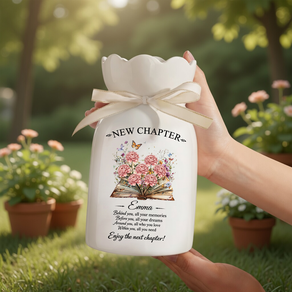 New Chapter Personalized Custom Ribbon Tie Flower Vase