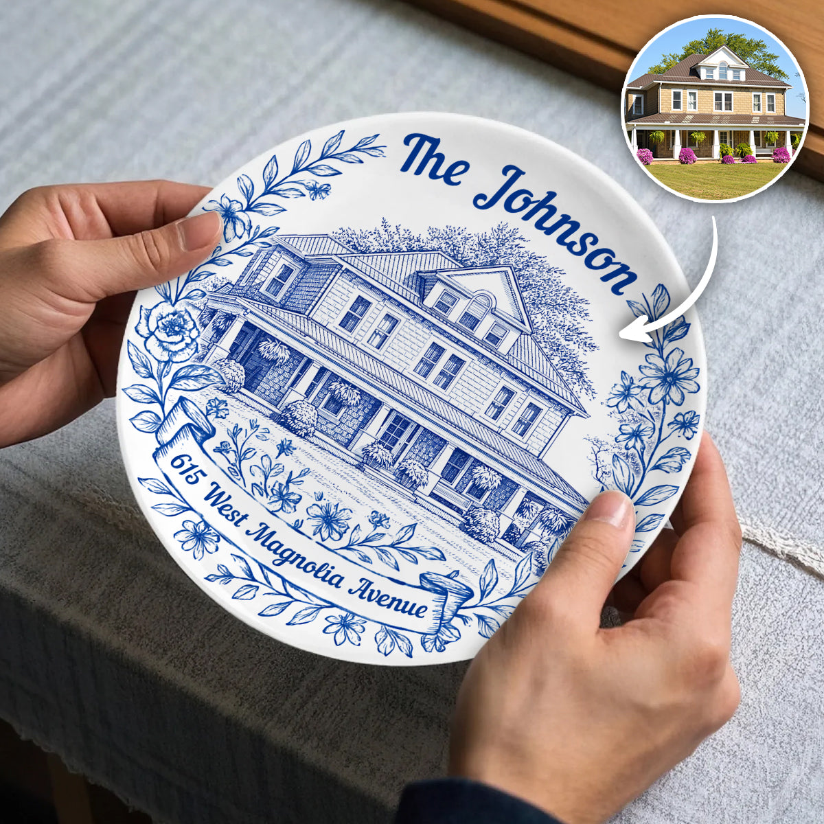 Personalized Family Name & Address Plate Custom Blue Vintage Porcelain Keepsake