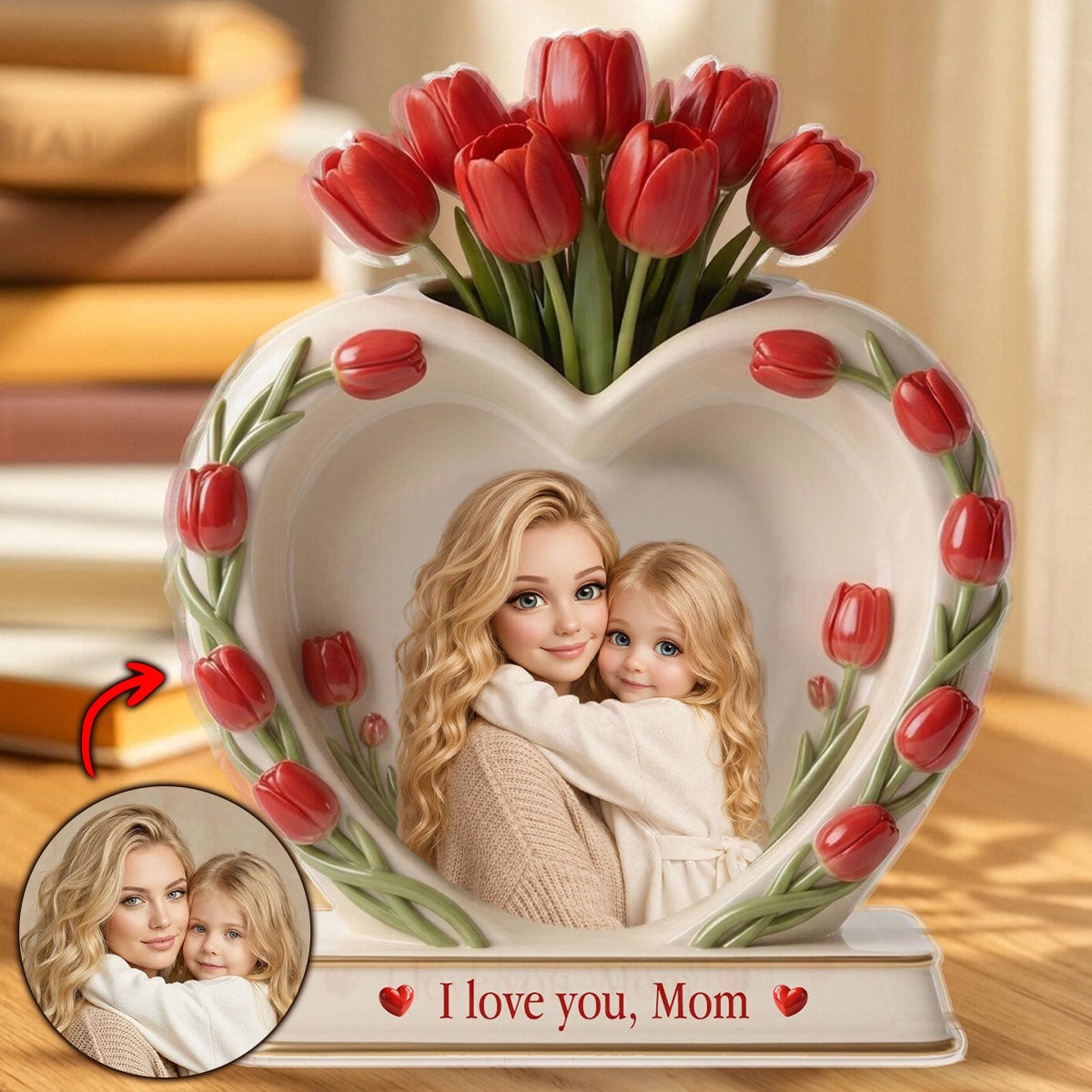 Custom Mom & Daughter Heart Frame with Tulips - Personalized Acrylic Plaque