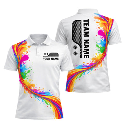 Colorful Splash Pickleball Polo Shirt Men Custom Name Team Paddle Art White Personalized