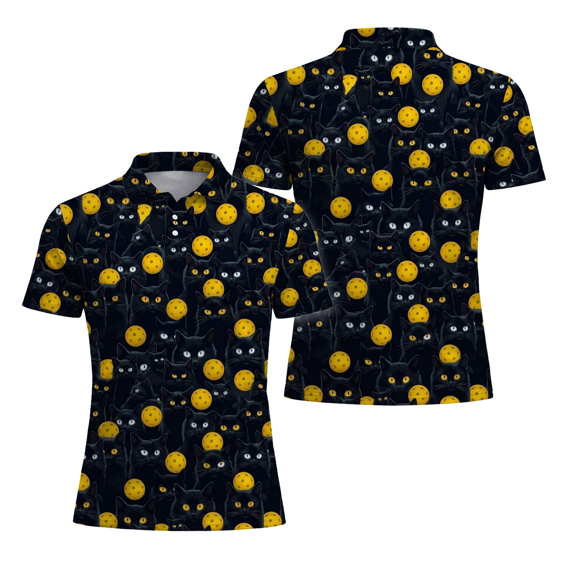 Black Cat Pickleball Polo Shirt Funny Cat Lover Sports Shirt All Over Print Breathable Athletic Tee