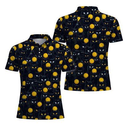 Black Cat Pickleball Polo Shirt Funny Cat Lover Sports Shirt All Over Print Breathable Athletic Tee