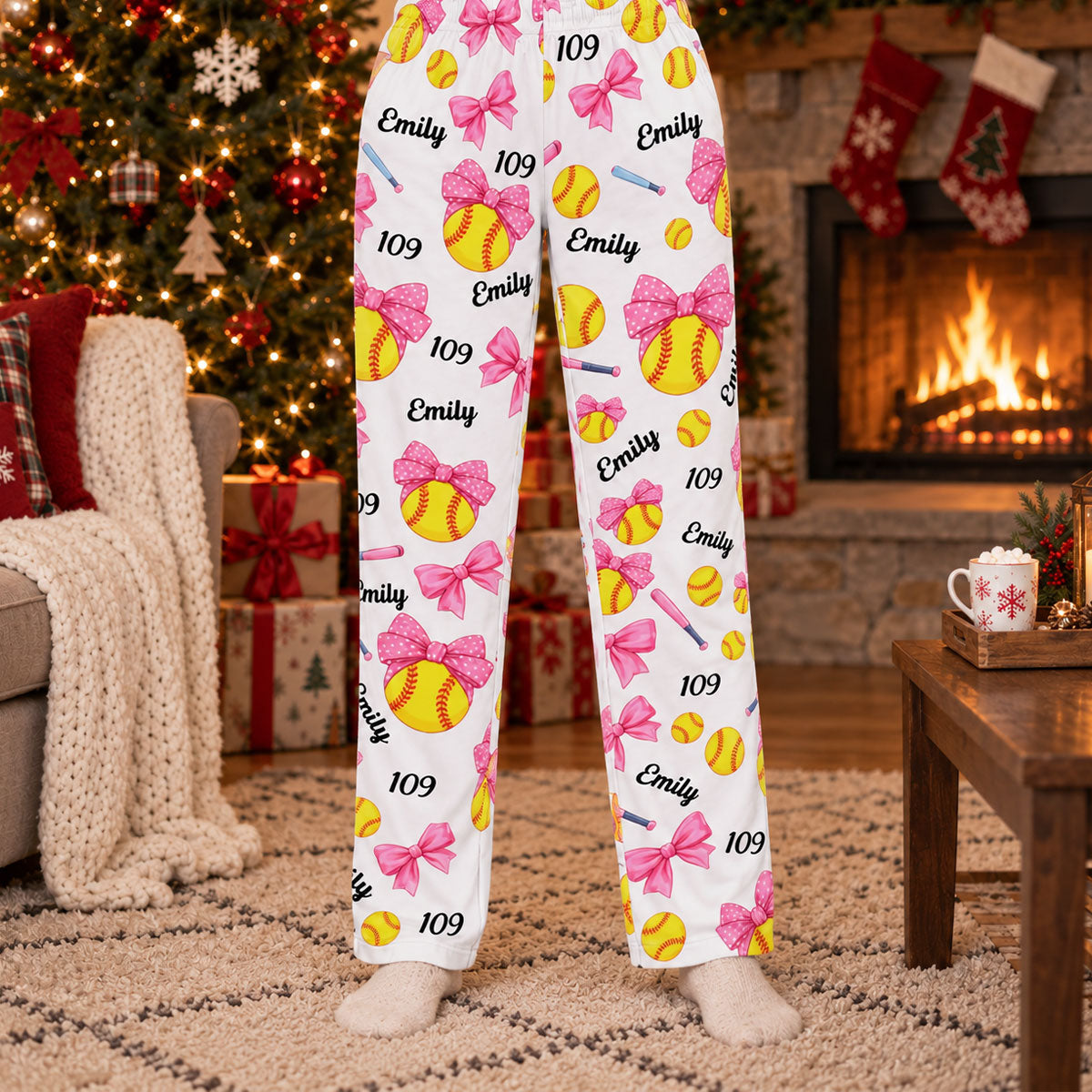 Coquette Bow Softball Custom Name, Number Gift For Softball Player, Softball Team - Personalized Lounge Pants