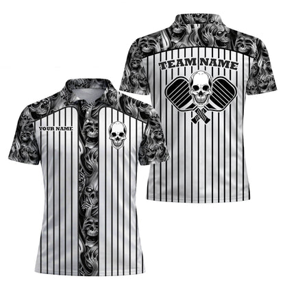 Skull Pickleball Polo Shirt Black White Personalized Name Team Shirt Performance Sports Polo Unisex