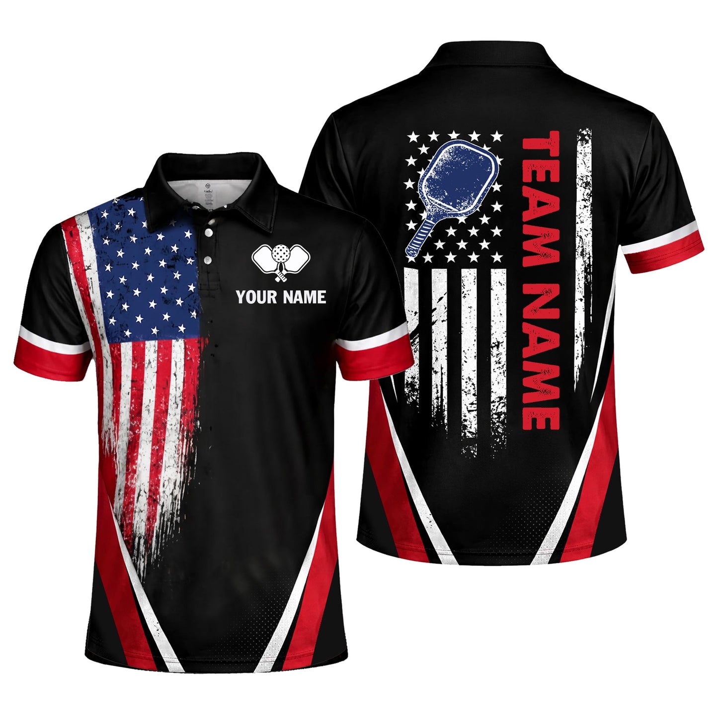 Custom Pickleball Polo Shirt USA Flag Personalized Name
