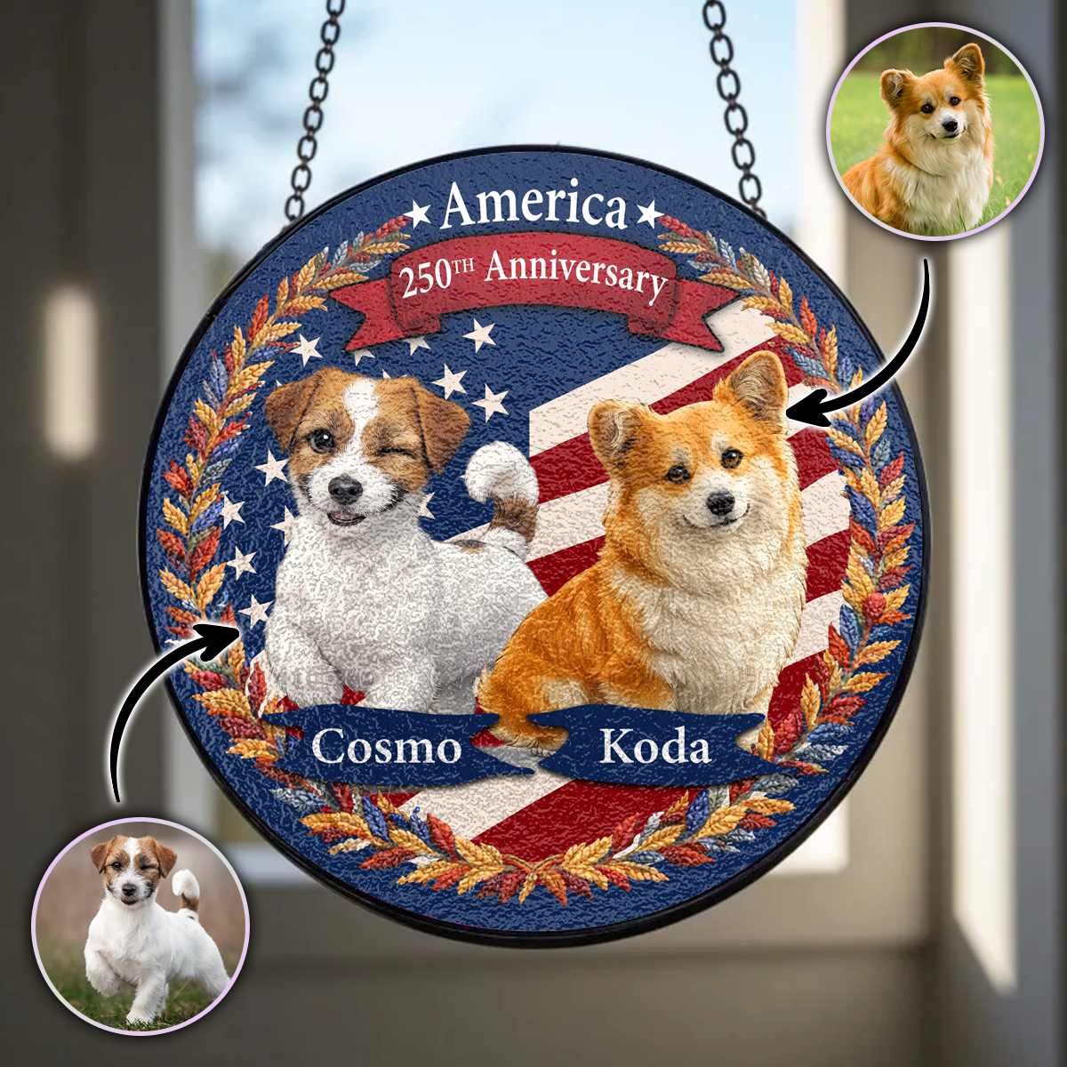 America 250th Anniversary Pet - Upload Photo Stained Glass Suncatcher