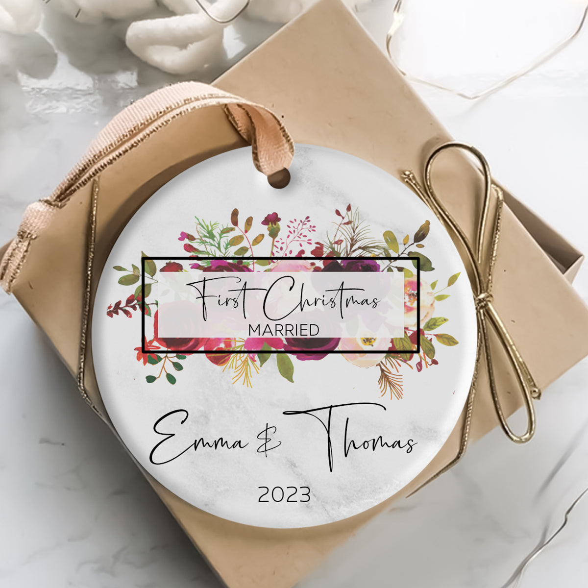 First Christmas Married Tropical Leaves - Personalized Ornament - Christmas Gift 2_b5b3cf7a-5675-4032-91af-4f08c568cb6d.jpg