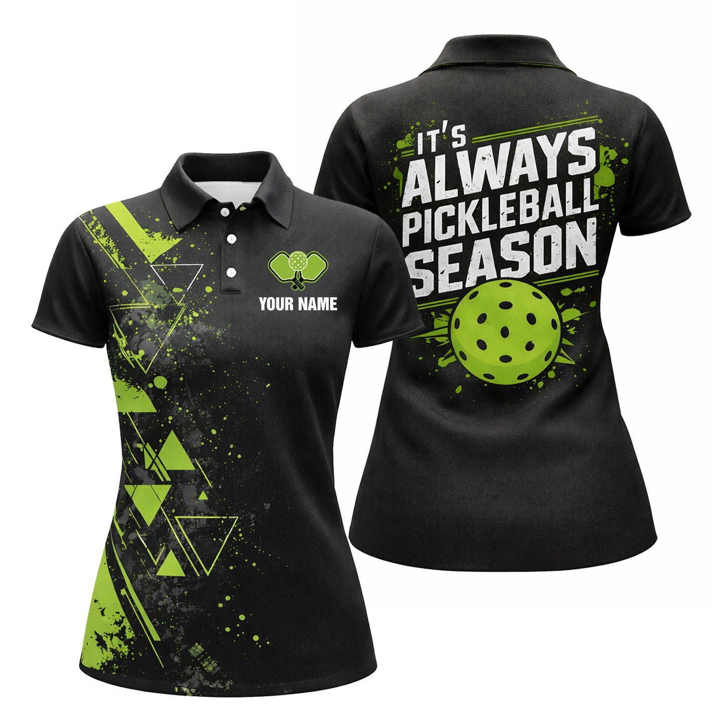 Women Pickleball Polo Shirt Custom Name It s Always Pickleball Season Black Green Sport Design