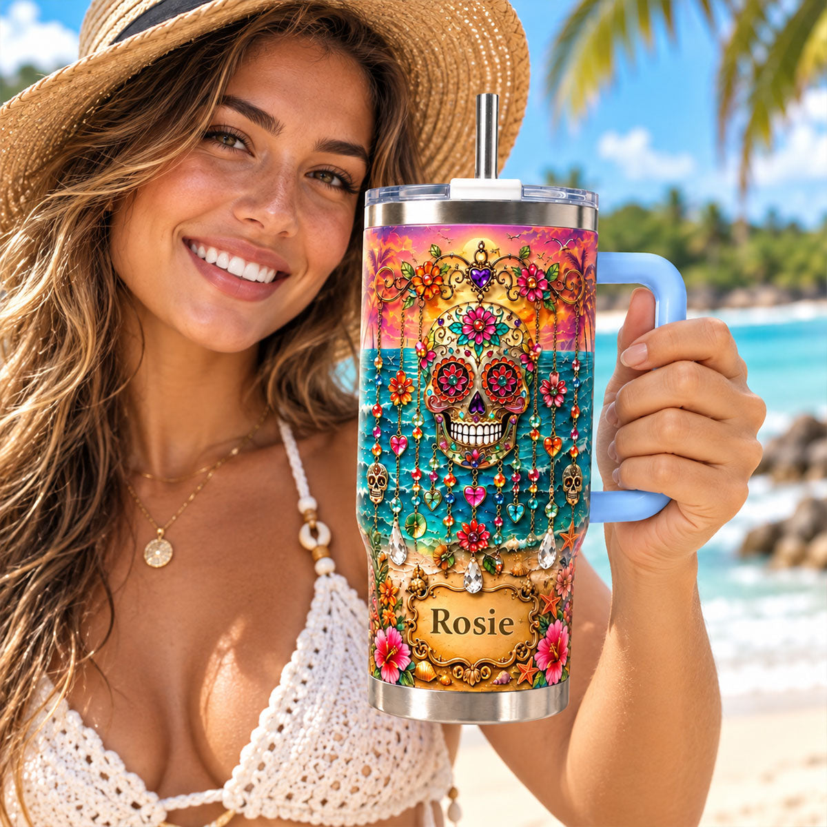 Sugar Skull Tumbler, Day of the Dead, Floral Skull 40oz Tumbler