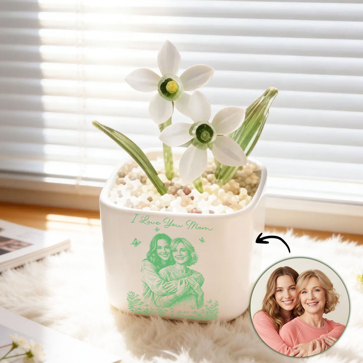 Pencil Sketch Photo - Birth Flower Glass Pot Gift