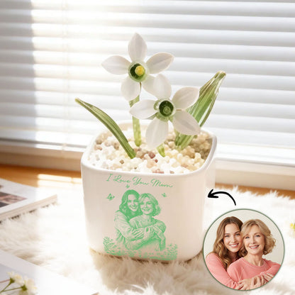 Pencil Sketch Photo - Birth Flower Glass Pot Gift