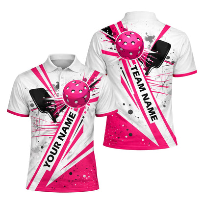Mens Pickleball Polo Shirt Pink Splash Custom Name Team