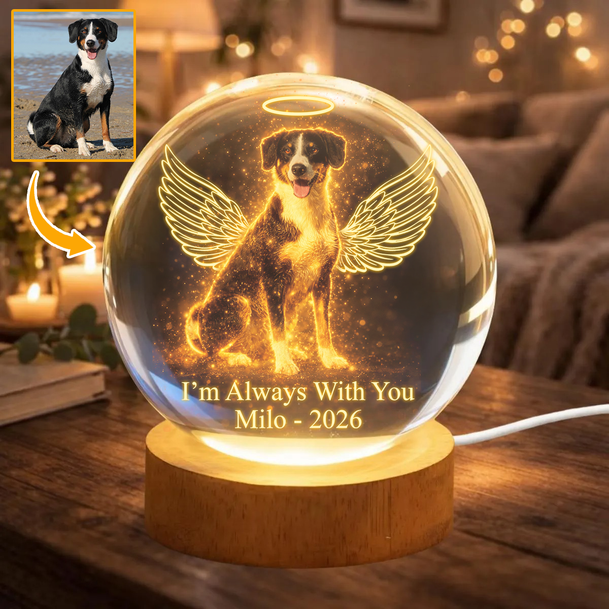 Personalized Pet Angel Memorial Light - Crystal Ball Night Light