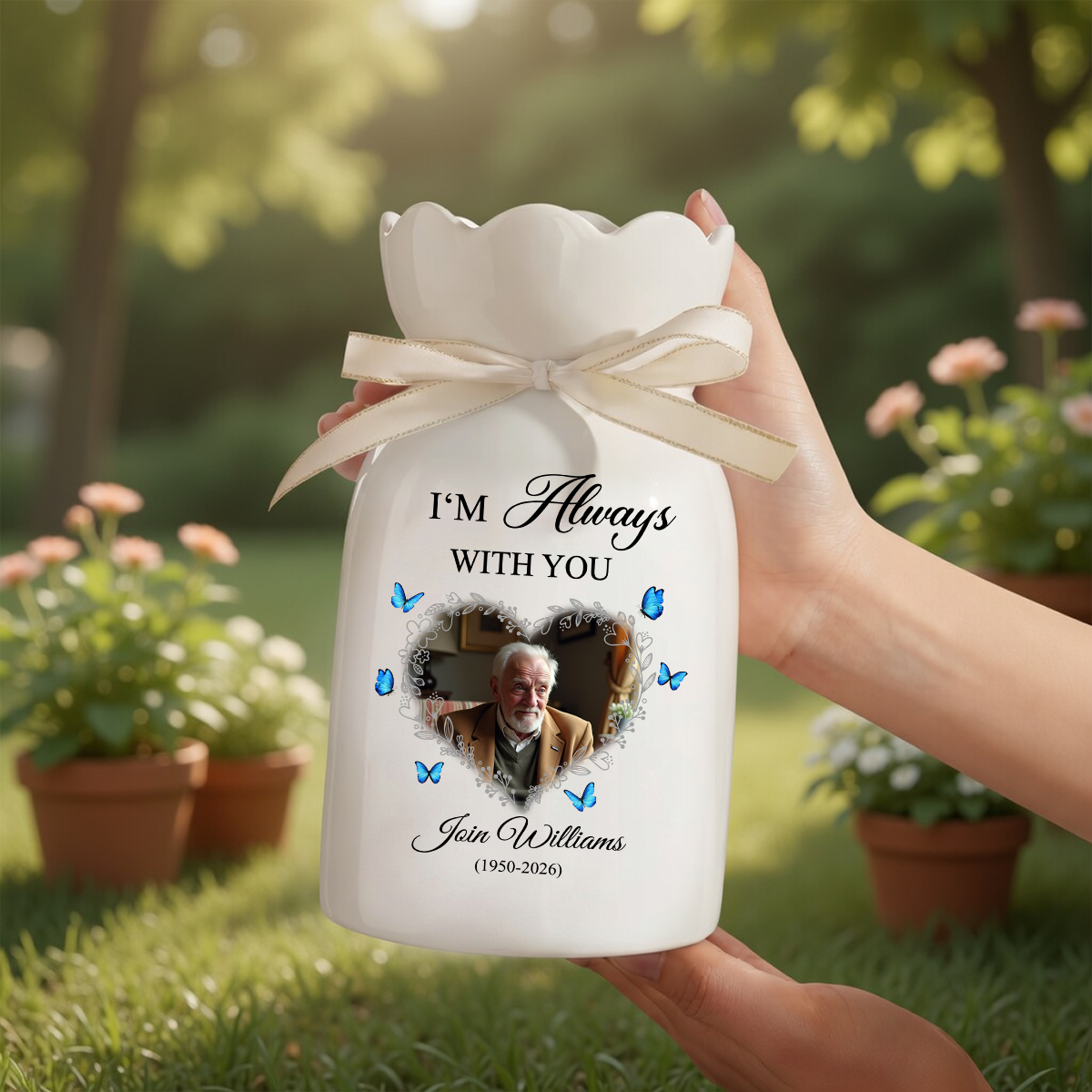Memorial Photo - Personalized Ribbon Tie Flower Vase