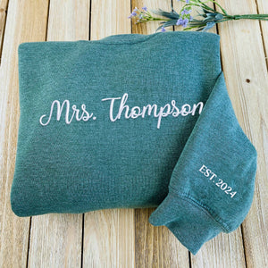 Custom Mrs Sweatshirt Embroidered, Bride Gifts for Honeymoon Wedding Day with Initial Heart or Roman Date on Sleeve